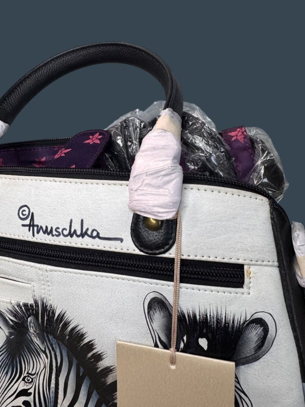 NWT Anuschka Zebra Hand Painted Leather Satchel Crossbody Bag 7368-ZBC Dust Bag - Picture 4 of 11